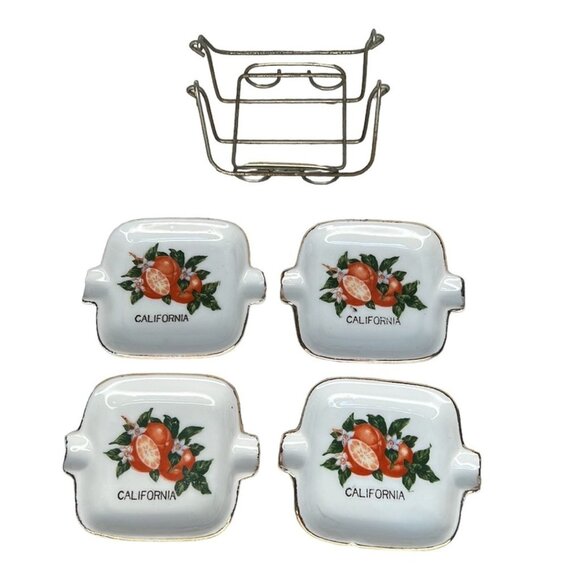Vintage California Oranges gold trimmed Ashtrays Set of Four in metal holder - Picture 1 of 9
